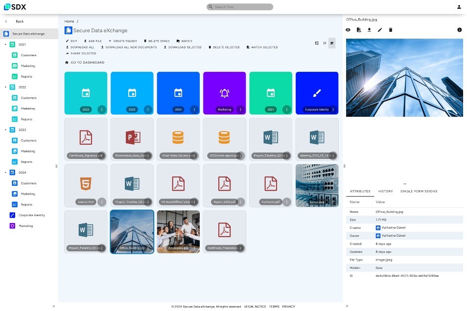 SDX Oberfläche mit Spaces und Ordnern