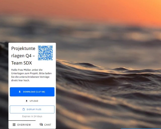 Freigabeseite aus Sicht der Empfänger mit Titel, Nachricht, QR-Code, Download, Upload, Dateiansicht, Ablaufdatum und Chat