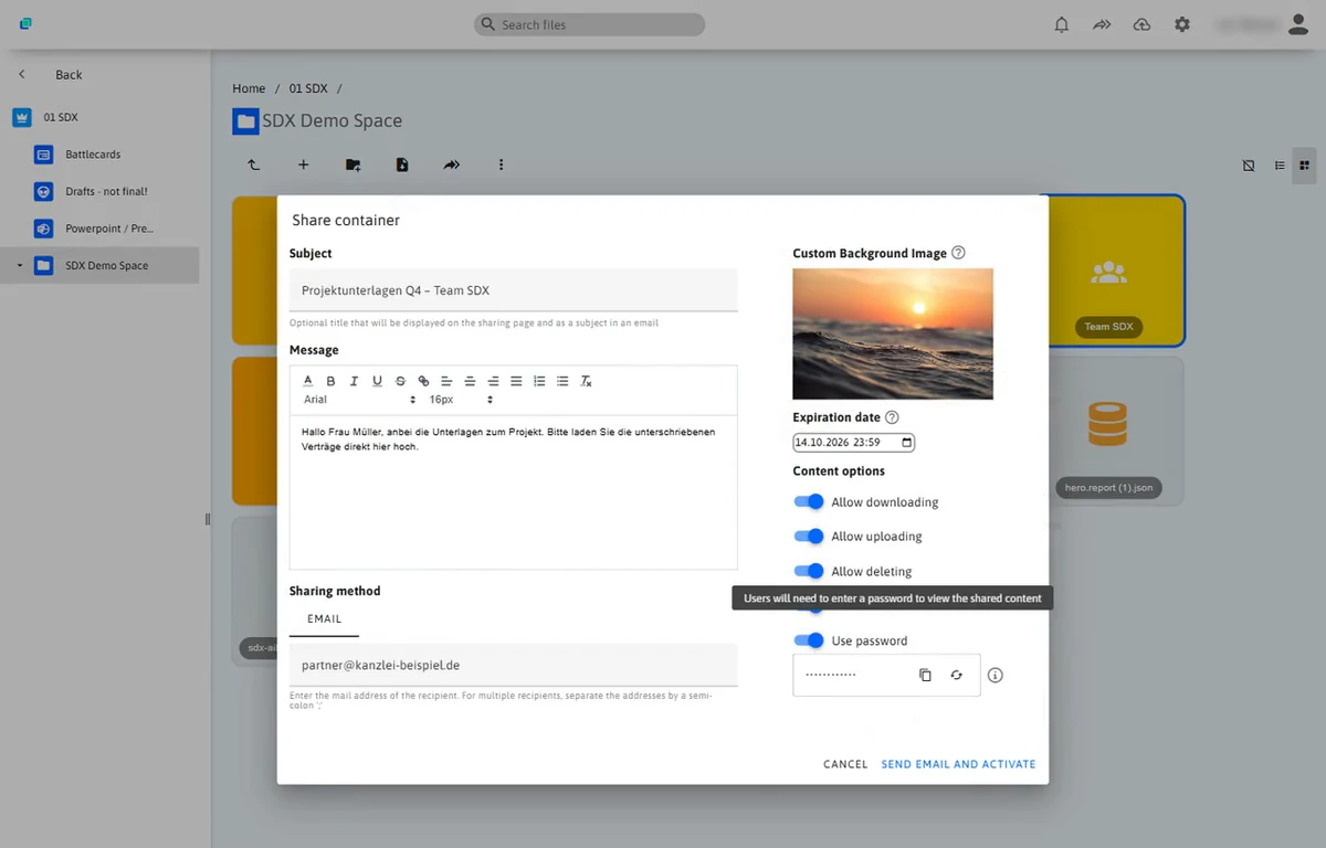 Dialog „Share container“ mit Betreff, Nachricht, Hintergrundbild, Ablaufdatum, Rechten und Passwort